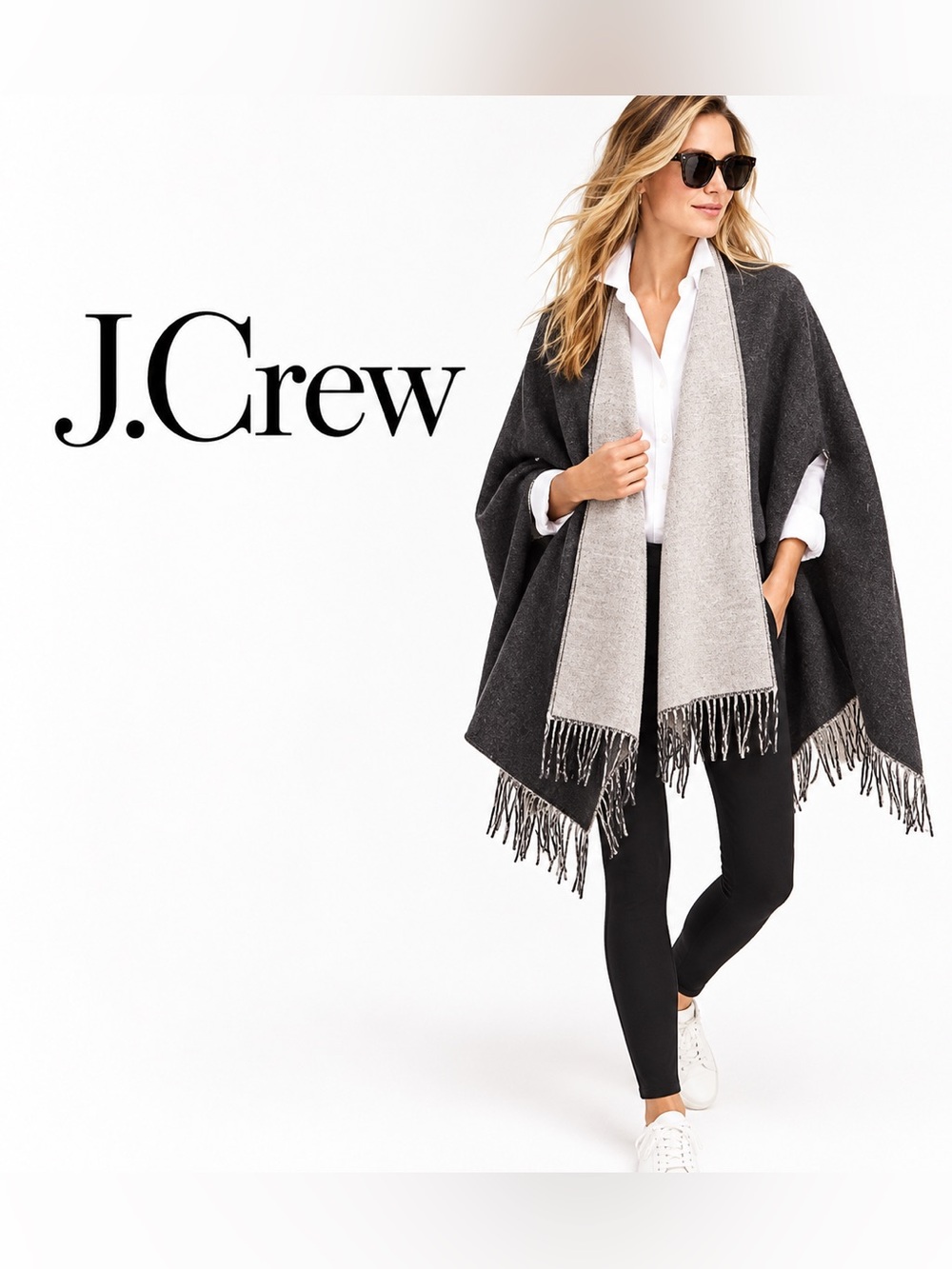 J. Crew Two-Tone Fringe Poncho in Charcoal and Light Gray